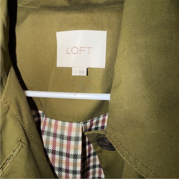 LOFT Olive Green Trench Coat with Plaid Lining - Picture 8 of 9